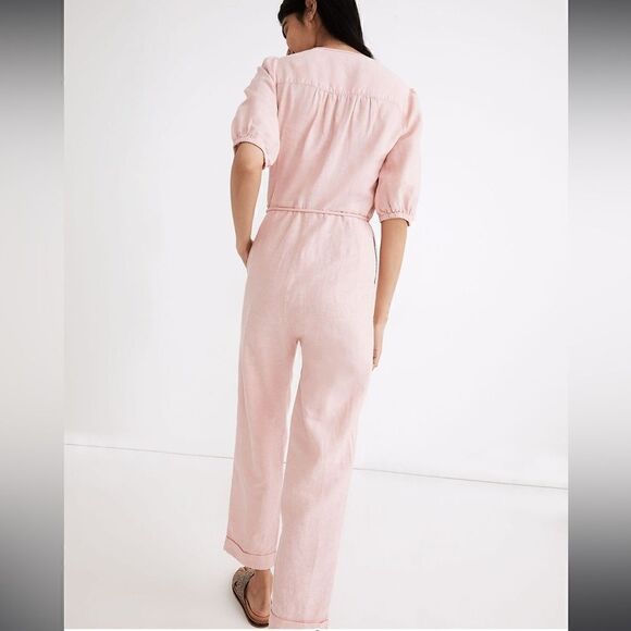 Madewell Linen Blend Puff Sleeve Tassle Tie Jumpsuit in PINK Size M - Picture 2 of 8